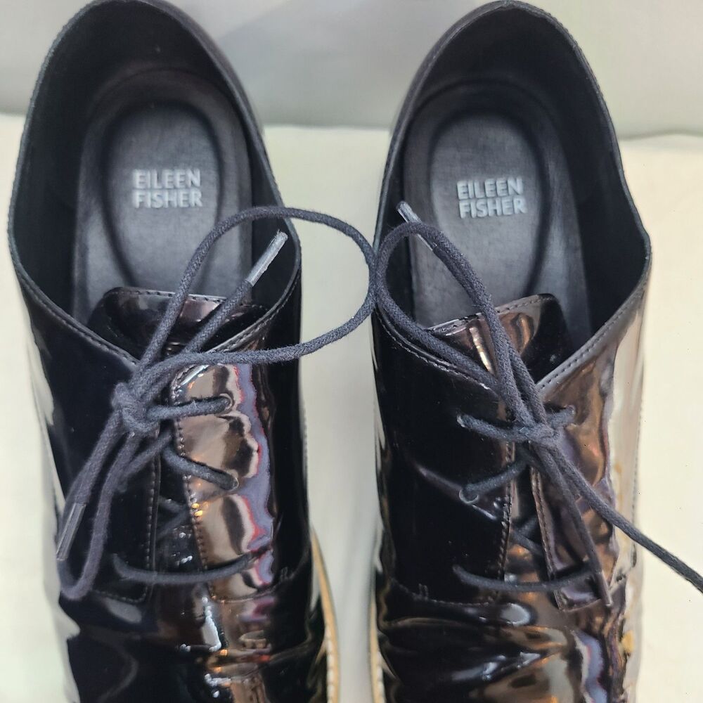 Eileen Fisher Eddy Black Patent Leather Platform Oxfords Sz 11 Corporate Goth - Picture 5 of 8